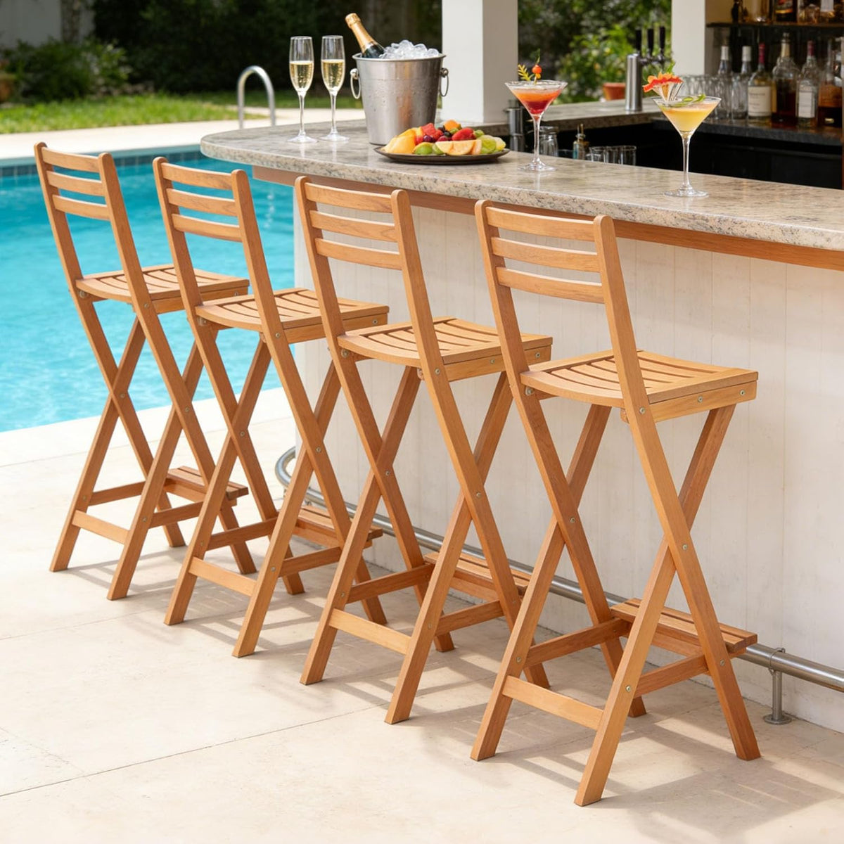COSTWAY Outdoor Folding Bar Stool, Acacia Wood High Top Chairs with Slatted Backrest, Safety Lock, Space-Saving Patio Barstools for Backyard, Poolside, Garden, Balcony