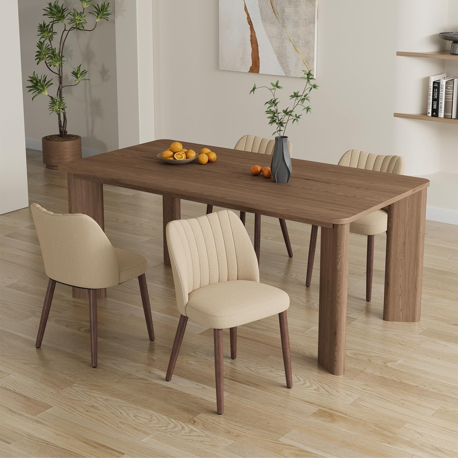 Upholstered Dining Chairs Set of 4, Farmhouse Fabric Kitchen Chairs with Solid Wood Legs, Modern Dining Room Chairs for Restaurant & Cafe, Camel
