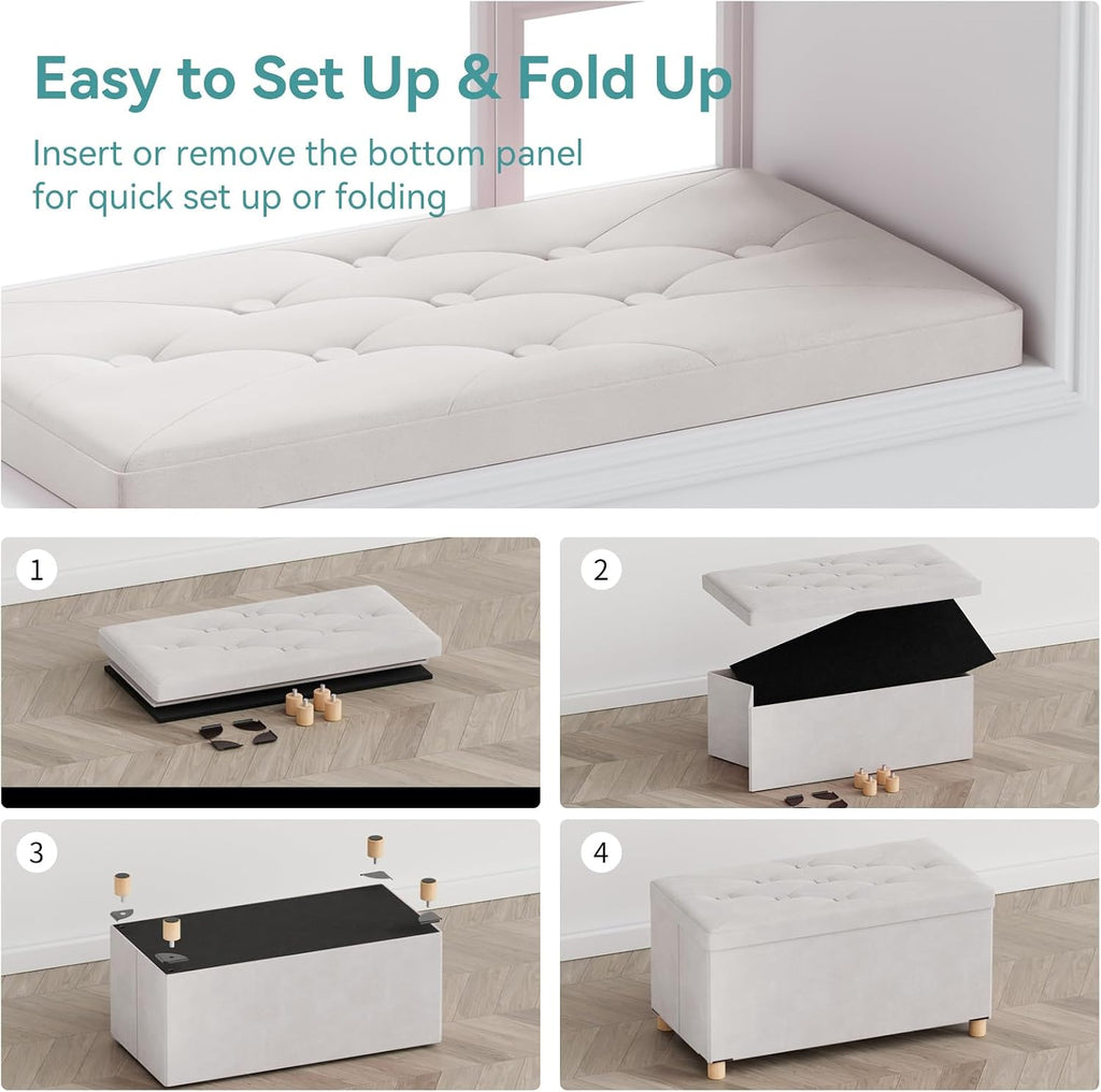 BRIAN & DANY 30 Inches Folding Storage Ottoman Bench, Ottoman with Storage for Living Room, with Wooden Feet and Lid, White