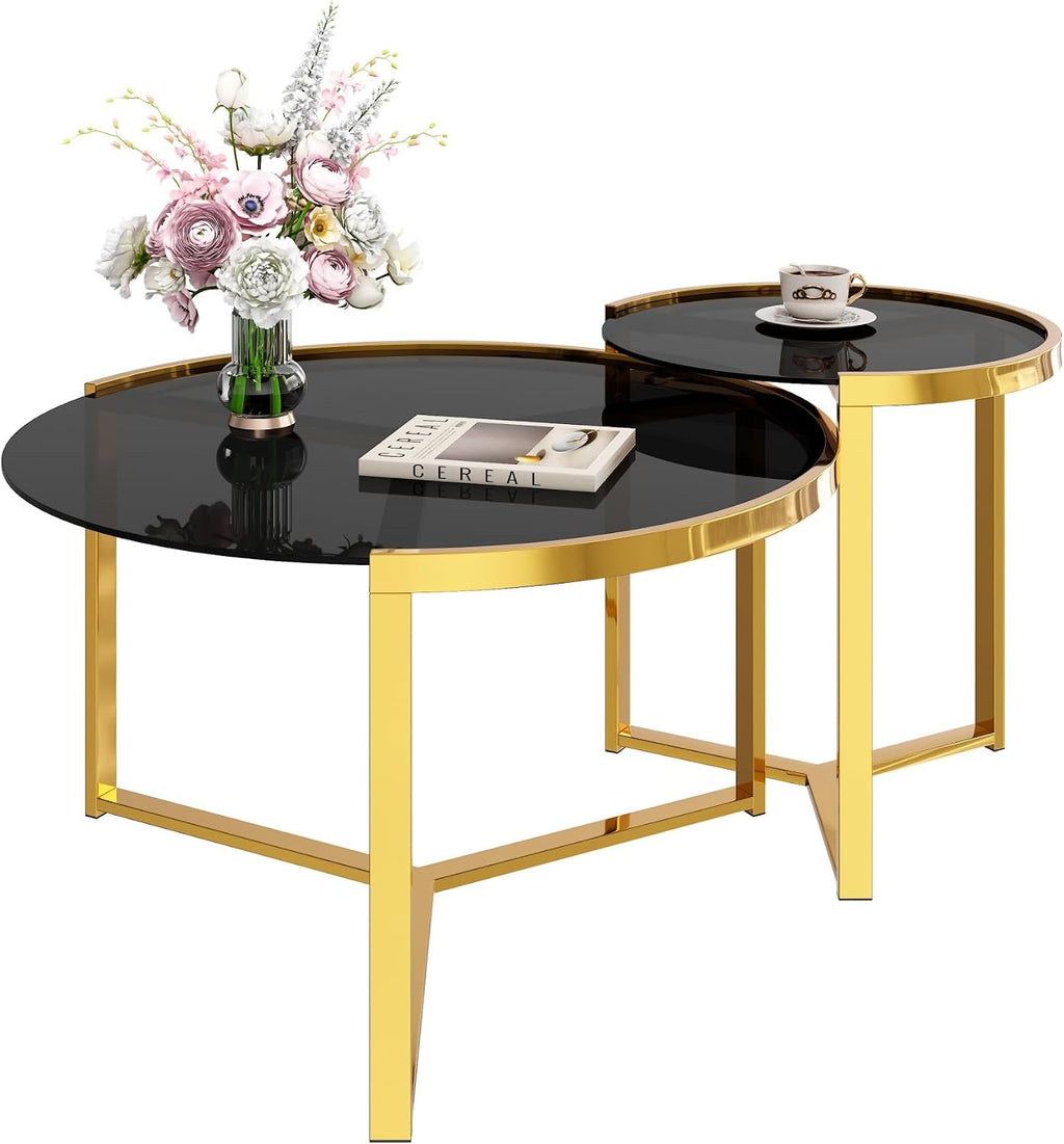 31.5" Gold Round Nesting Coffee Table Set of 2, Modern Tempered Glass Cocktail Tables with Sturdy Metal Frame, Glam Accent Side Tables for Living Room, Black