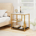 GOFLAME Faux Marble End Table, 3-Tier Sofa Side Table with Storage Shelves, Golden Polished Steel Frame, Black & White Faux Marble, Rectangular, Modern Nightstand for Living Room, Bedroom