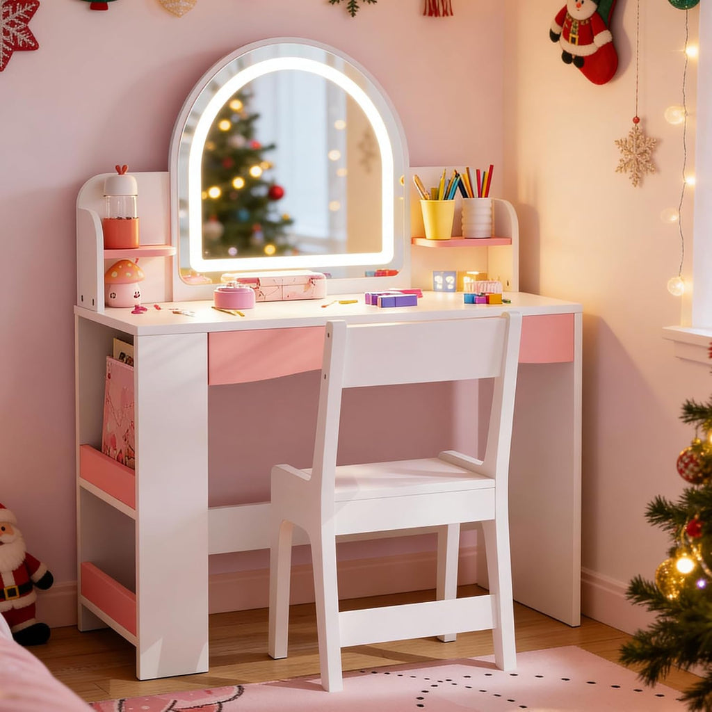 Teckid Kids Vanity Table and Chair Set with Lighted USB Mirror & Shelf | 3-mode USB lighted mirror with USB port. Open bookshelf. Small shelf below. Round corners. Stable stool. Easy to clean