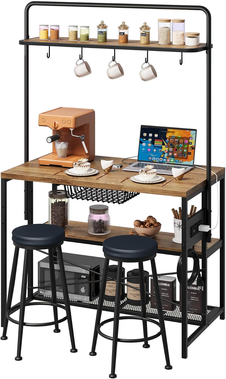 Kitchen Microwave Stand Coffee Bar Table with Storage, Natural | Small Kitchen Island with Power Outlet, 2 Bar Stools ＆ 5 Hooks, adjustable Industrial Bakers Rack for Apartment Dining Room