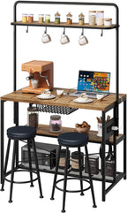 Kitchen Microwave Stand Coffee Bar Table with Storage, Natural | Small Kitchen Island with Power Outlet, 2 Bar Stools ＆ 5 Hooks, adjustable Industrial Bakers Rack for Apartment Dining Room