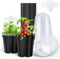 homenote Nursery Pots for Plants,5 Inch Plant Pot for Planting with Humidity Domes Plastic Seedling with Drainage Holes Seed Starter Flower with 10 Labels Black (15 Pack)
