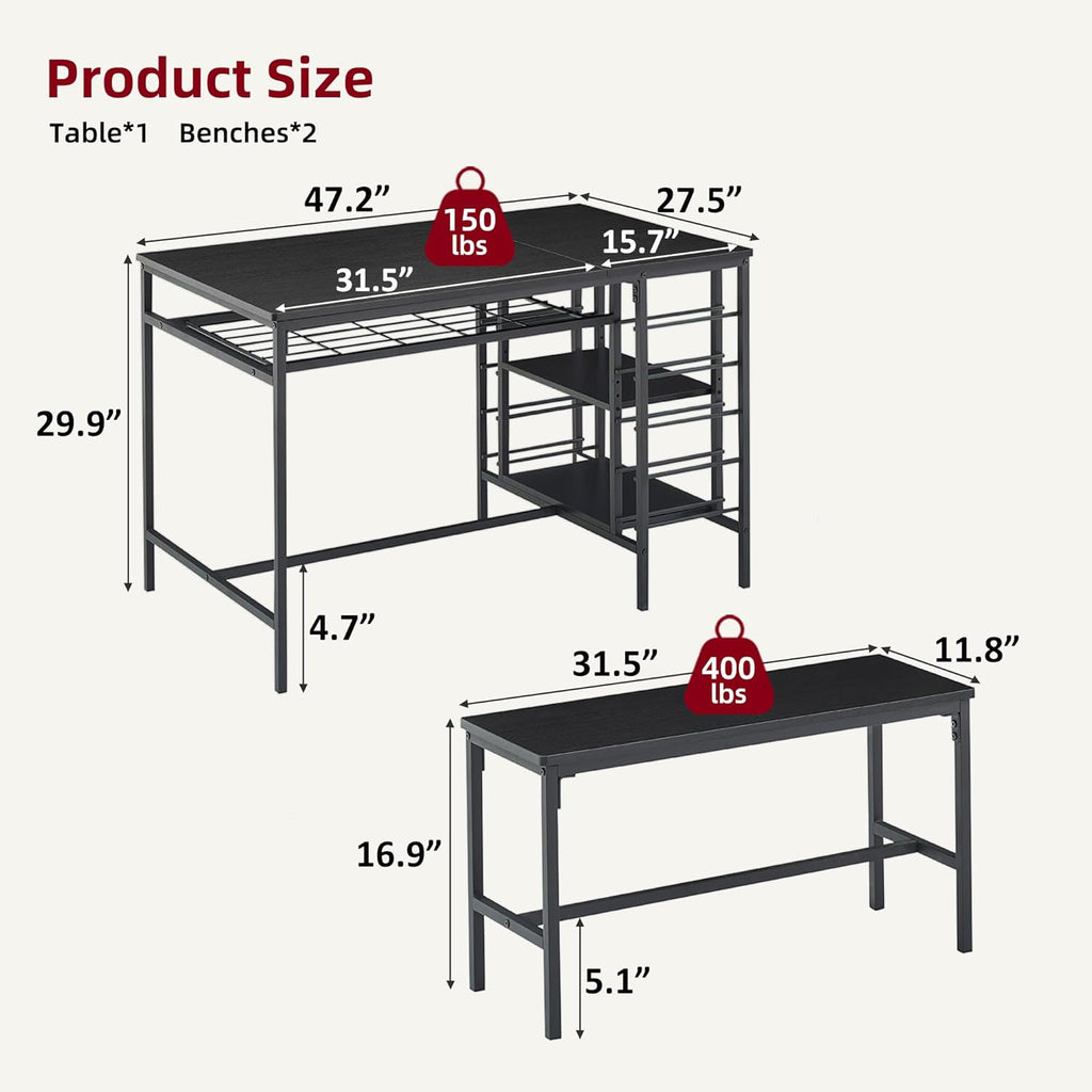 Garvee Dining Table Set for 4, Kitchen Table Set for 4 with 2 Benches, 3 Piece Dining Room Table Set for Small Space Apartment, Black