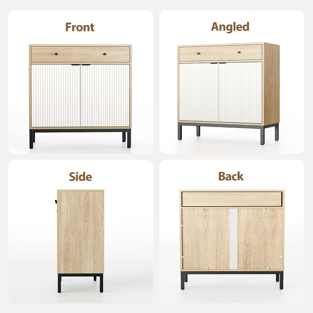 Mericonia Farmhouse Buffet Sideboard Cabinet with Storage, Fluted Coffee Bar with Doors and Adjustable Shelves, Modern Wood Cabinet for Kitchen, Livingroom (Fluted 2 Door, Oak & White)