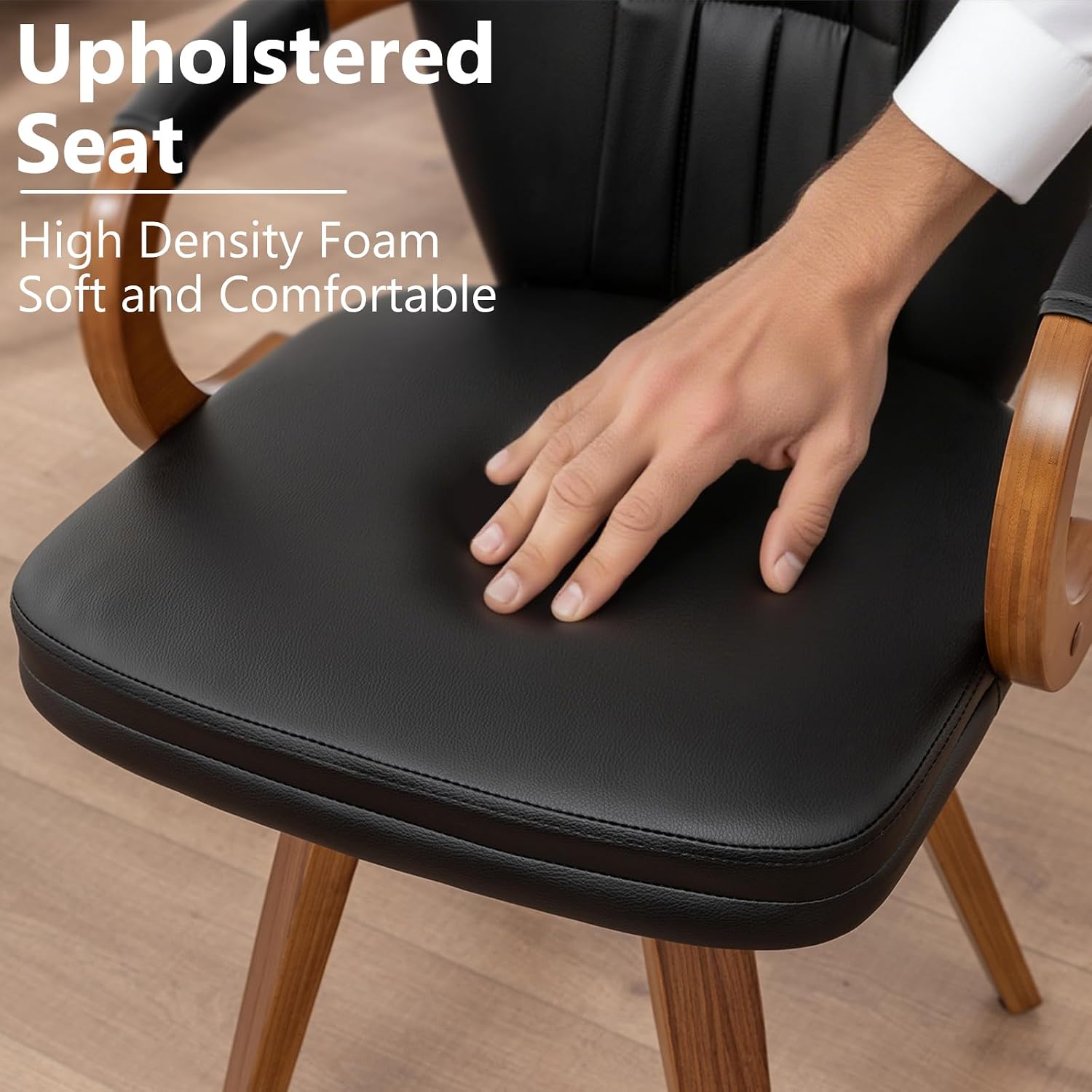 Swivel Dining Chairs Mid Century Modern Black Faux Leather Upholstered Kitchen Chairs with Bentwood Frame Armrests Side Chairs,Comfortable Ergonomic Wood Accent Chair No Wheels,1PCS