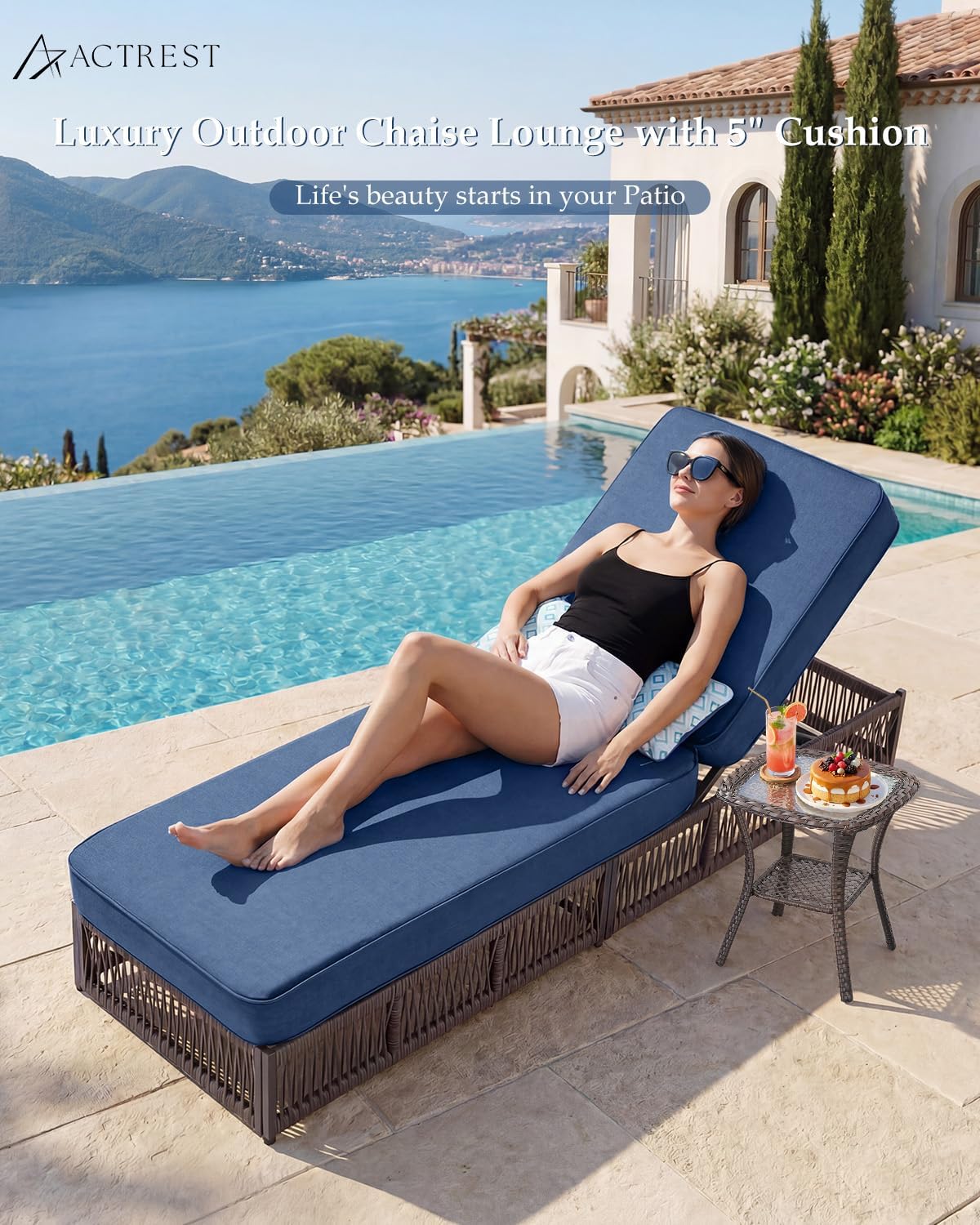 Luxury Outdoor Chaise Lounge with 5 Inch Thickened Cushions - 1 Set High Back Brown Wicker Patio Recliners Rattan Reclining Chairs Porch Poolside Pool Sunbathing Lounger - Navy Blue