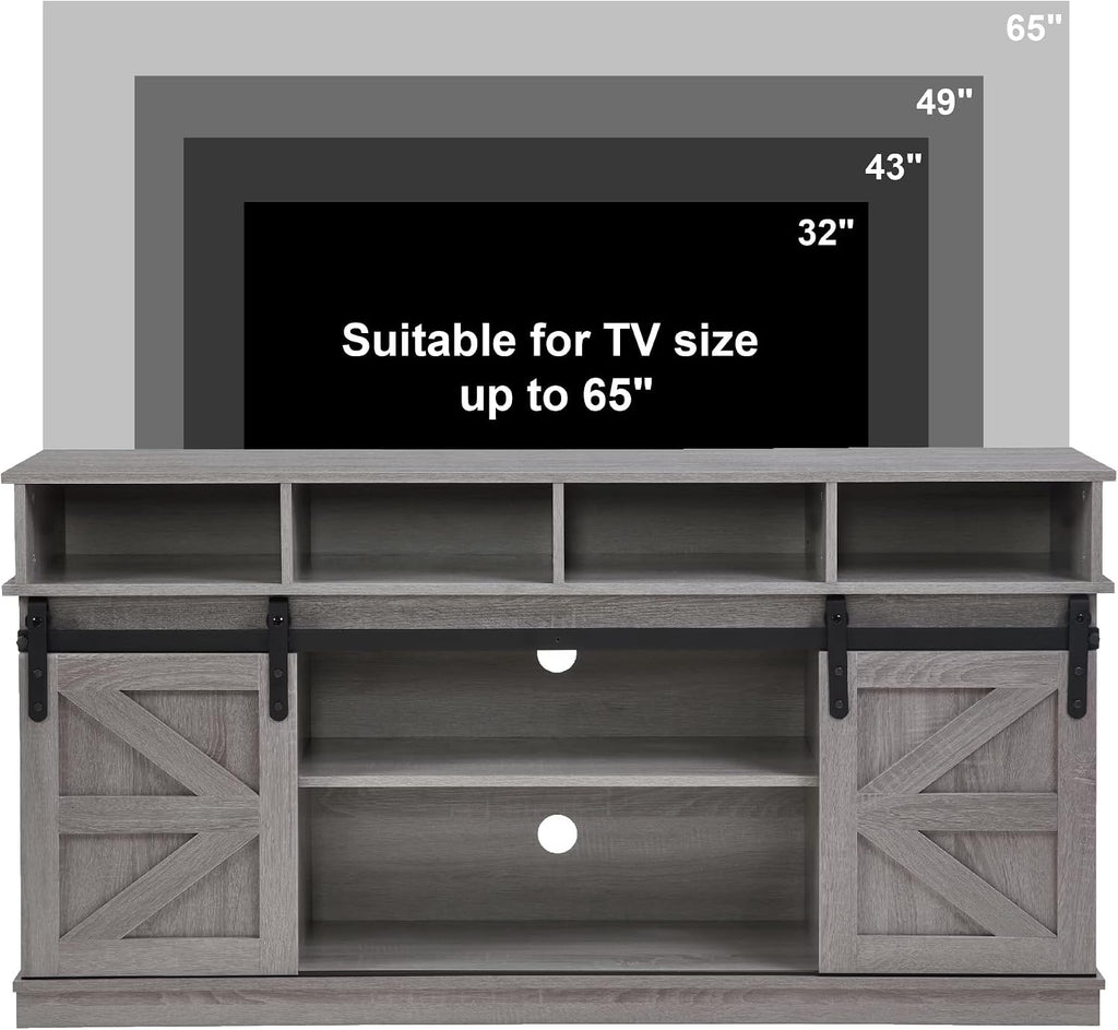 TV Stand Sliding Barn Door Modern&Farmhouse Wood Entertainment Center, Storage Cabinet Table Living Room with Adjustable Shelves for TVs Up to 65" (Gray, Farmhouse with Open Shelf)
