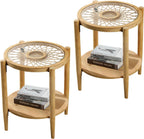 RUSTOWN Rattan Nightstands Set of 2,Boho Wood Round Side Tables, 2-Tier Natural End Table with Glass Top and Wood Legs, Sofa Side Table Bedside Table for Living Room Bedroom Couch(Natural)