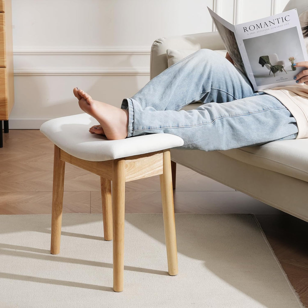 18" Small Vanity Chair Ottoman Bench Saddle Cushion Linen Beige | Soft Saddle Linen Stool, Footrest, Ottoman, Compact for Bedrooms, Living Rooms. Sturdy Esay Assembly(Classic-Beige)