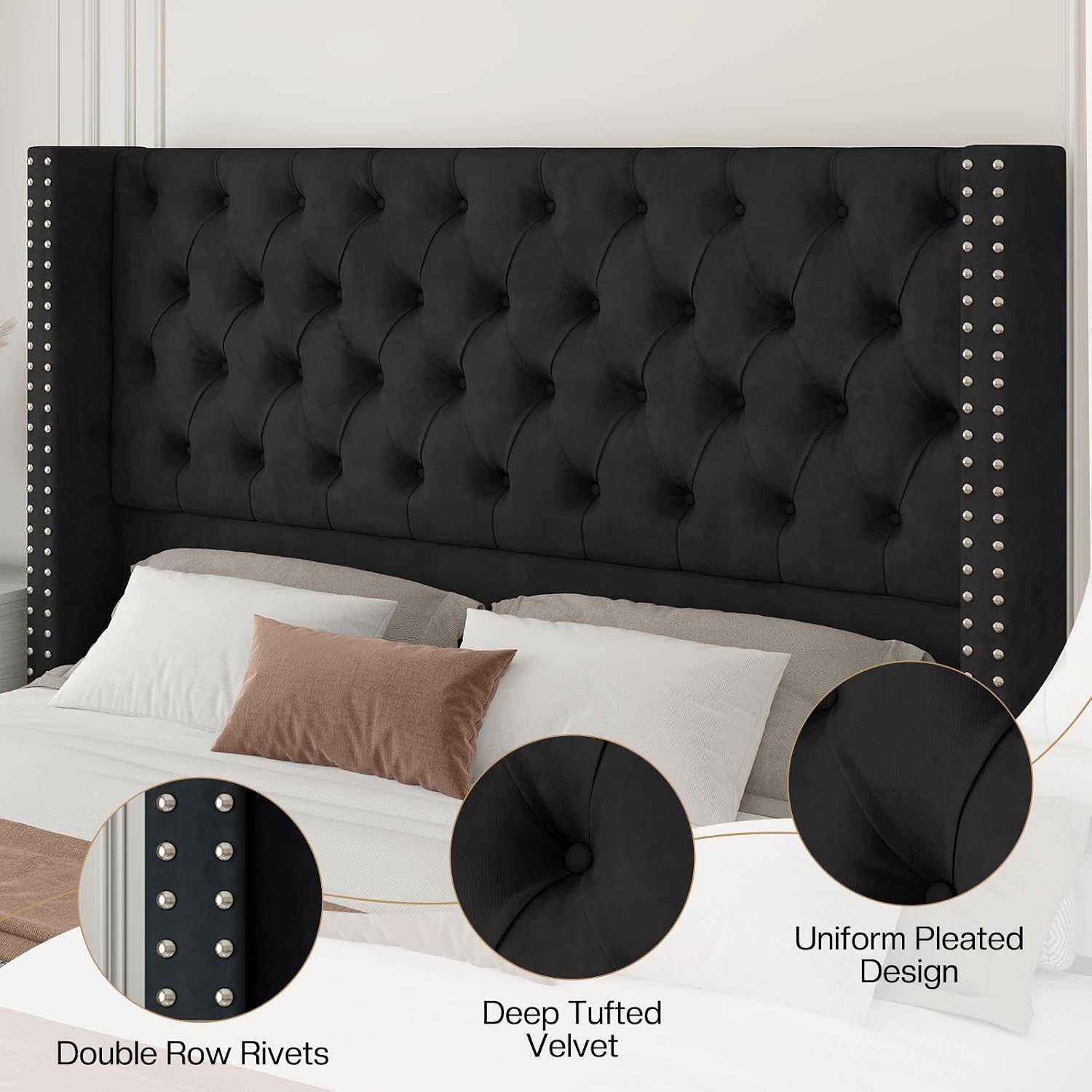 Jocisland Queen Size Bed Frame with 51.6" Velvet Wingback Headboard, Black