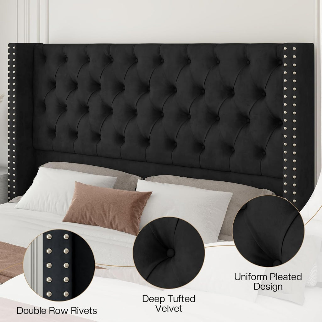 Jocisland King Size Bed Frame with 51.6" Velvet Wingback Headboard, Black