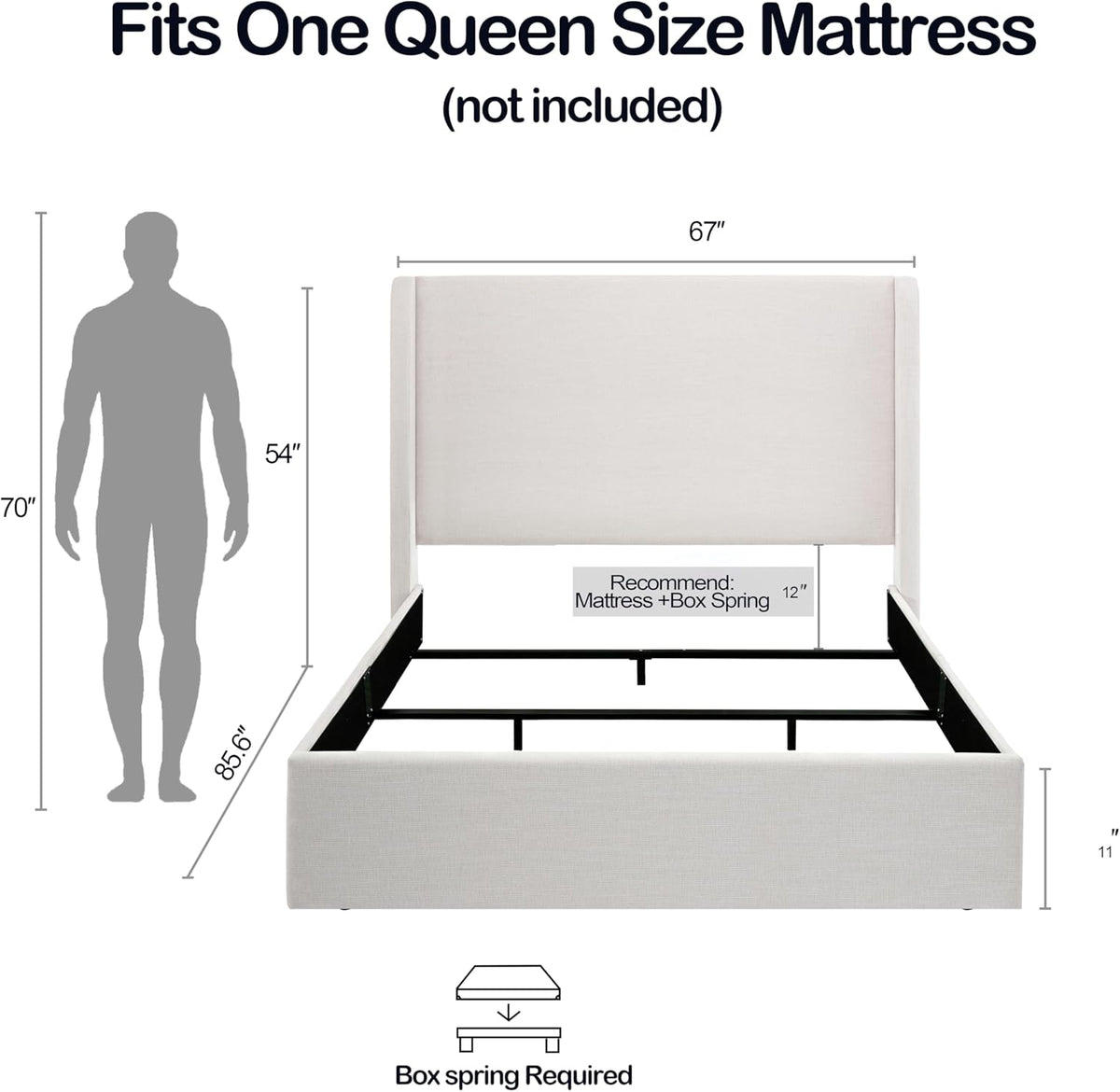 LUMISOL Queen 54” Tall Headboard Wingback Upholstered Platform Bed Frame, Modern Bed Frame Without Wooden Slats, Box Spring Request, Easy Assembly, Ivory