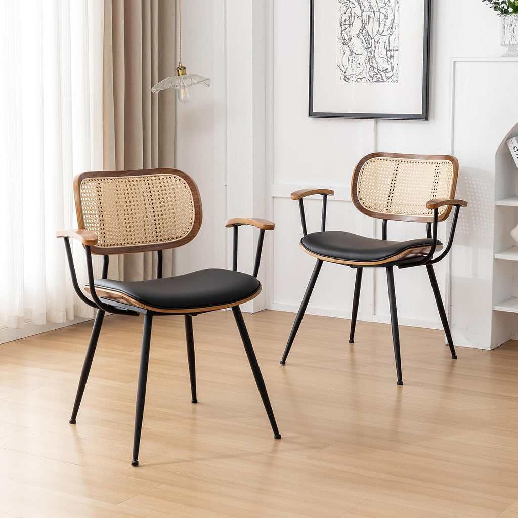 Rattan Dining Room Chairs Set of 2,Mid Century Modern Kitchen Side Chairs,Metal Legs Desk Chairs,Faux Leather Accent Chairs with Arms and Rattan Backrest,Black PU