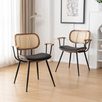 Rattan Dining Room Chairs Set of 2,Mid Century Modern Kitchen Side Chairs,Metal Legs Desk Chairs,Faux Leather Accent Chairs with Arms and Rattan Backrest,Black PU