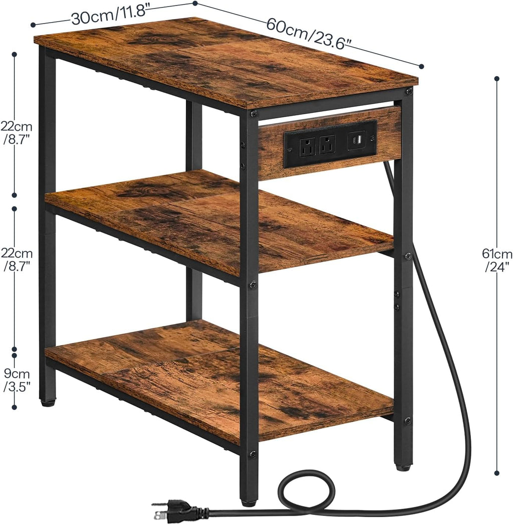 HOOBRO End Table with Charging Station, Side Table with 3 Tier Storage Shelf, Narrow Nightstand for Small Spaces, for Living Room, Bedroom, Easy Assembly, Rustic Brown and Black BF149UBZ01