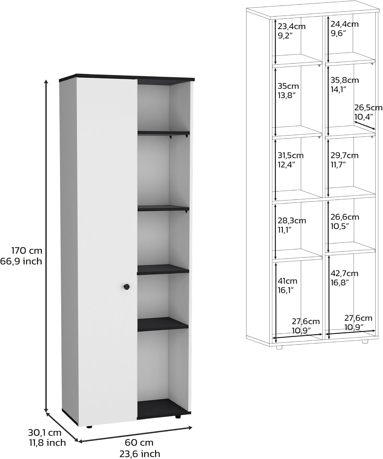 67" H Kitchen Storage Cabinet with One Door, Five Interior Shelves and Five Exterior Shelves,White/Black