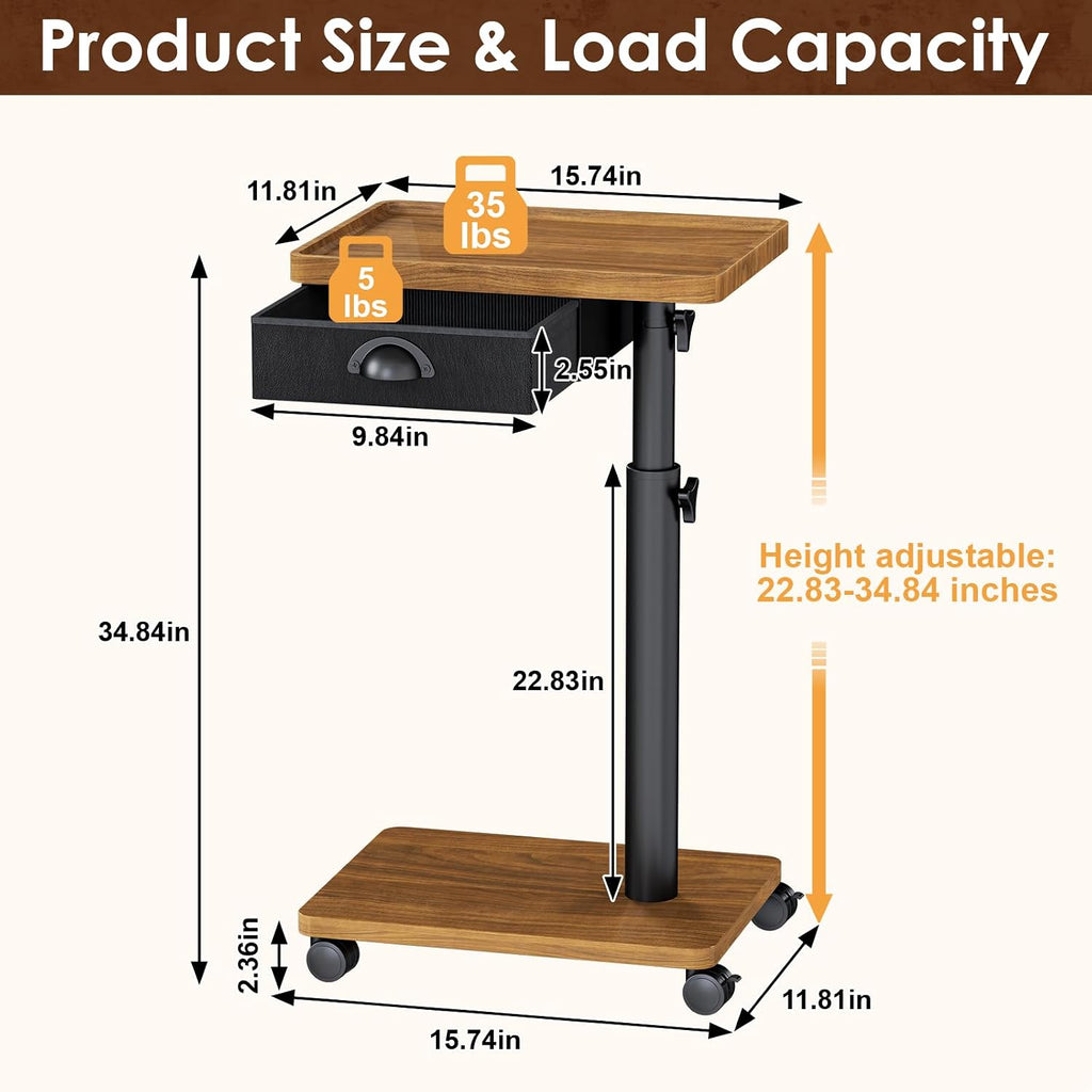 Cutogxon TV Tray Table with Wheels & Drawer,Adjustable Height C Shaped End Table for Eating,End Table with Swivel Top for Small Spaces, Sofa Side Table for Bedroom & Living Room（Walnut Brown）