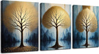 Arjun Tree Wall Art Gold Heart Shape Landscape Tree of Life Painting Teal Geometric Mountain Framed for Bathroom Living Room Bedroom Dinning Room Kitchen Home Office Wall Decor, 12"x16"x3 Panels
