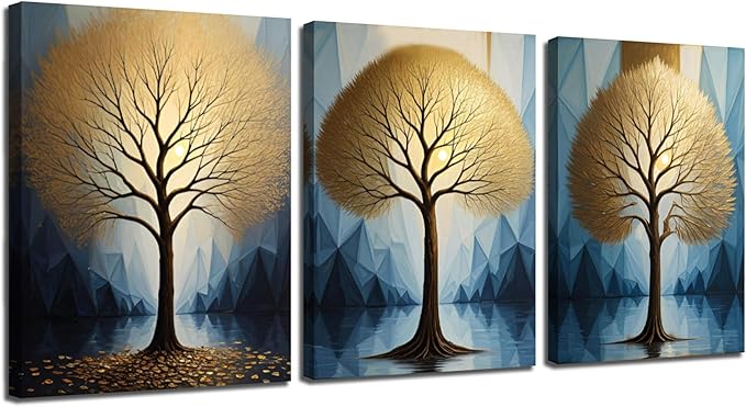 Arjun Tree Wall Art Gold Heart Shape Landscape Tree of Life Painting Teal Geometric Mountain Framed for Bathroom Living Room Bedroom Dinning Room Kitchen Home Office Wall Decor, 12"x16"x3 Panels