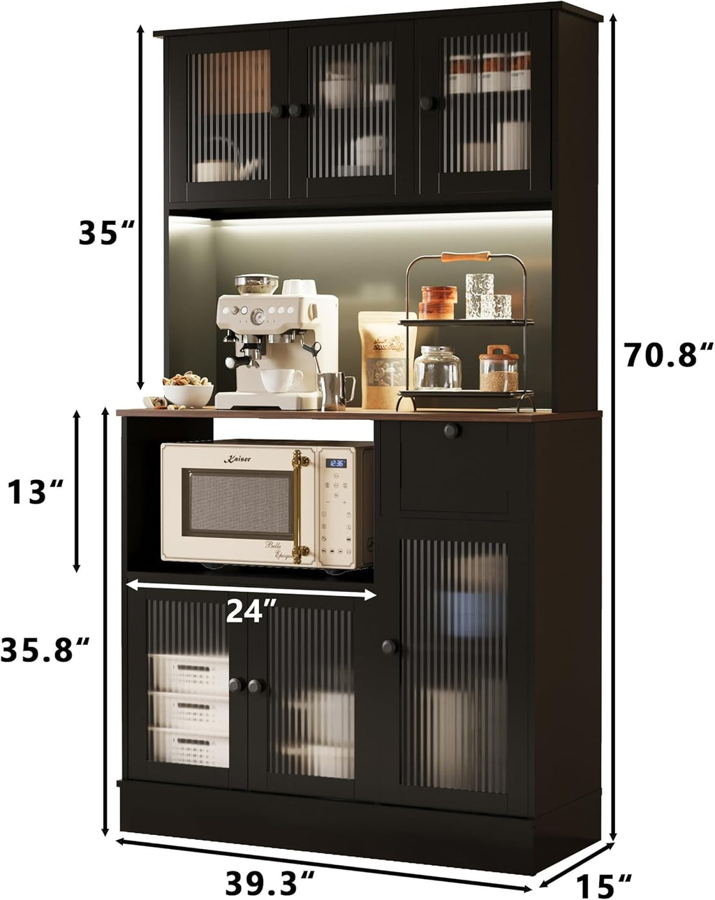 71" Kitchen Hutch Cabinet with Storage for Living & Dining Room, Kitchen Pantry Cabinet with LED Light & Outlet, Black and Walnut