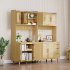 71" Tall Kitchen Pantry Cabinet, Freestanding Rattan Hutch with Microwave Stand, 3 Drawers & 6 Hooks, Kitchen Pantry Cabinet for Dining Room & Kitchen Organization
