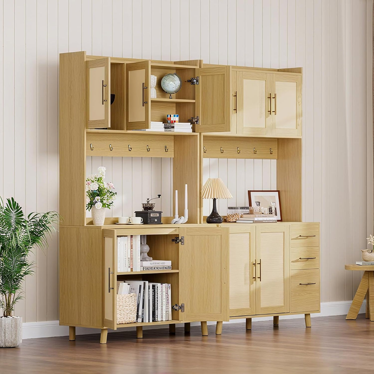 71" Tall Kitchen Pantry Cabinet, Freestanding Rattan Boho Hutch with Microwave Shelf, 3 Drawers & 6 Hooks for Kitchen, Living & Dining Room Storage-Natural
