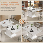 Extendable Dining Table for 4-6, 47-63in Expandable Kitchen Rectangle Dining Table with Removable Leaves, Modern Faux Marble Kitchen Table with Storage for Kitchen Living Room, White Faux Marble