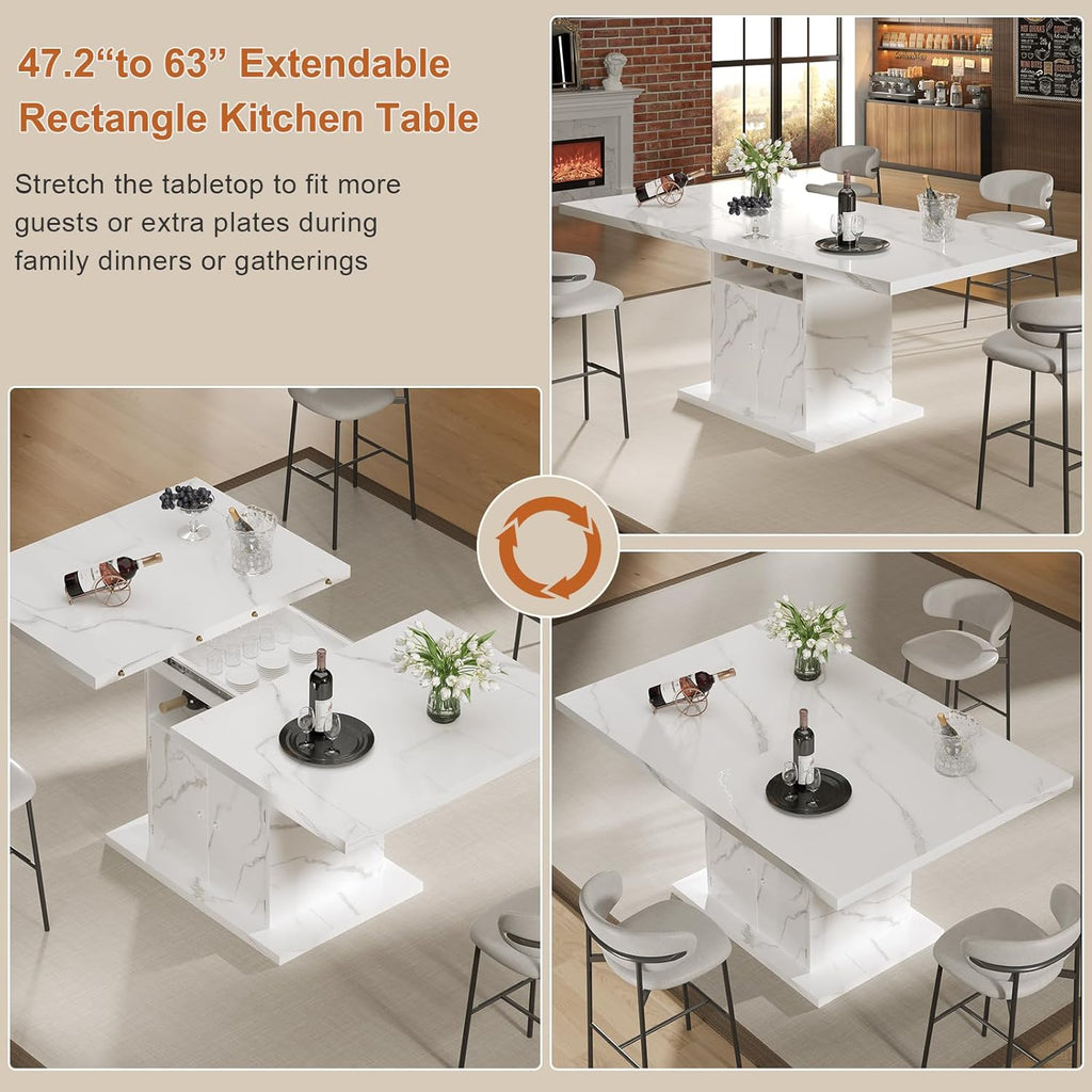 Extendable Dining Room Table for 4-6, 47-63 Inch Faux Marble Extendable Dining Table, Modern Expandable Rectangle Kitchen Dining Table with Storage for Kitchen Living Room