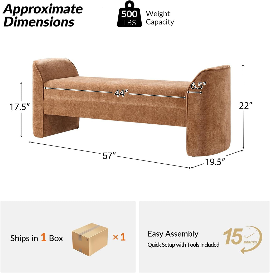 HULALA HOME 57" Modern Chenille Bench with Thick Padded Seat, Upholstered End of Bed Bench for Bedroom, Entryway & Living Room Seating, Caramel