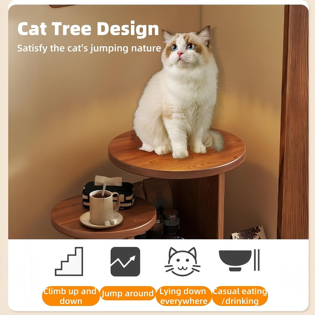 Cat Tree and End Tables, Cat Nightstand, Wooden Round Side Table wiht Cats Houses, Small Bedside Table with 3-Tier Storage Shelves, Modern Cats Furniture for Living Room Bedroom(Brown)