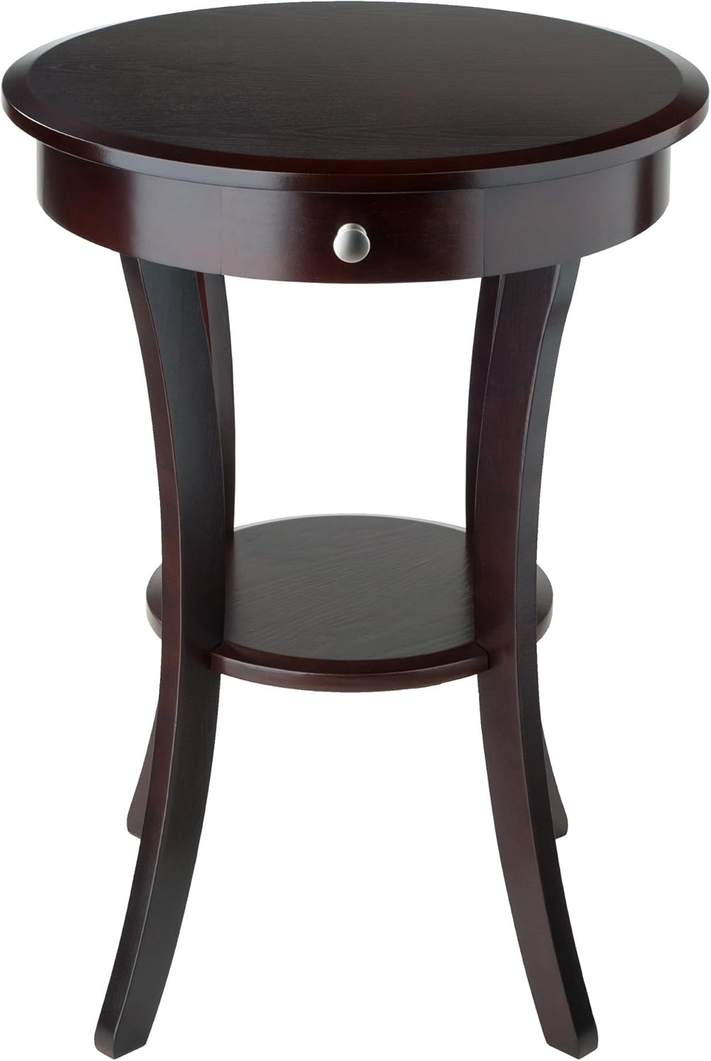 Casafoyer Wood Sasha Accent Table, 20" Round Top, 27" High, Solid Wood with Drawer & Shelf, Elegant Curved Design in Cappuccino Finish, Versatile for Living Room, Bedroom, or Entryway
