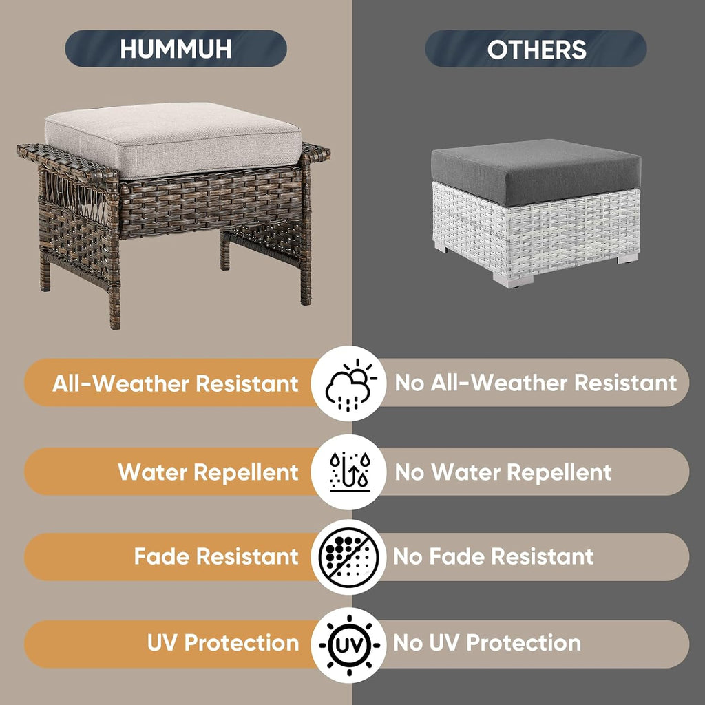 HUMMUH Outdoor Ottoman-Patio Rattan Footstool with Cushion Patio Ottoman for Deck Porch Balcony Garden-Brown/Beige