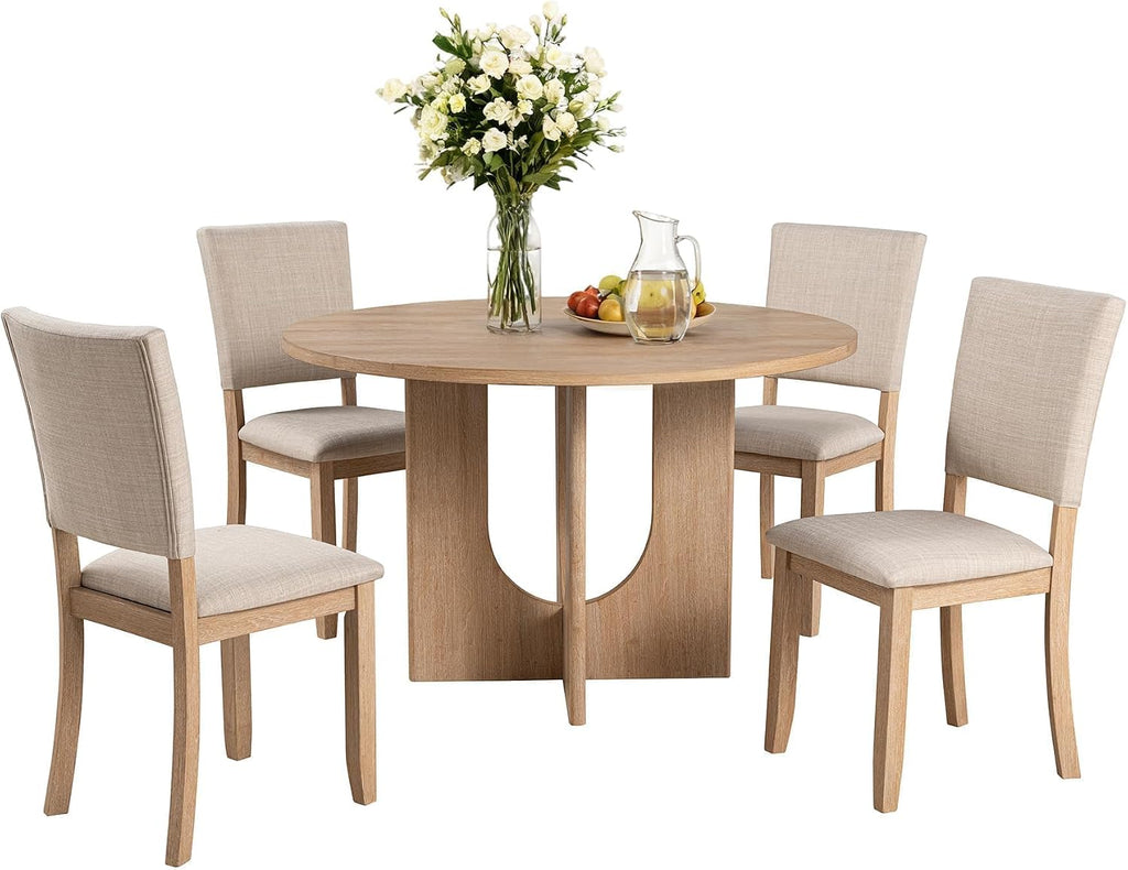 leovanni Round Dining Table Set for 4, Kitchen Table with 4 Upholstered Chairs, 5-Piece Wood Dining Table and Chairs Set for Kitchen, Patent Pending
