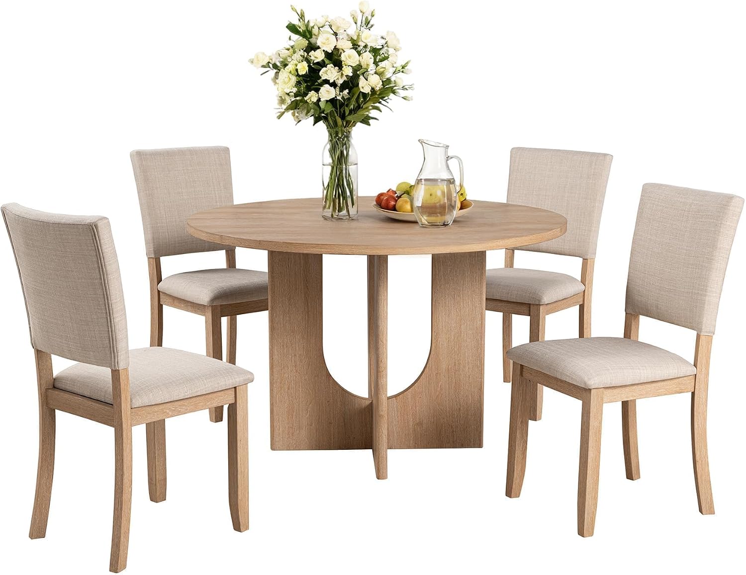 leovanni Round Dining Table Set for 4, Kitchen Table with 4 Upholstered Chairs, 5-Piece Wood Dining Table and Chairs Set for Kitchen, Patent Pending
