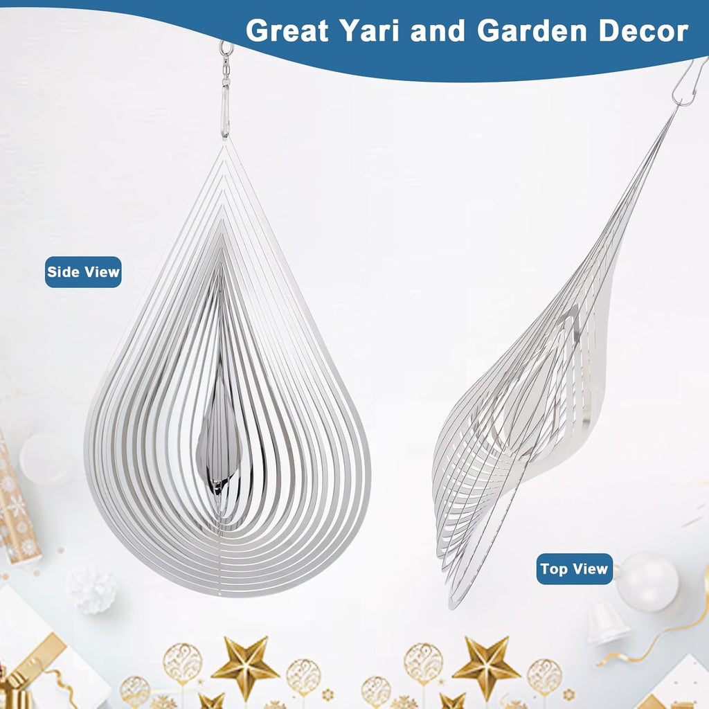 Wind Spinner Flowing-Light Effect Courtyard Decorations Made of Stainless Steel House Hanging Decoration 12“x 8“ Spinners with a 360° Rotating Hook (1 pc Water Drop-Silver)