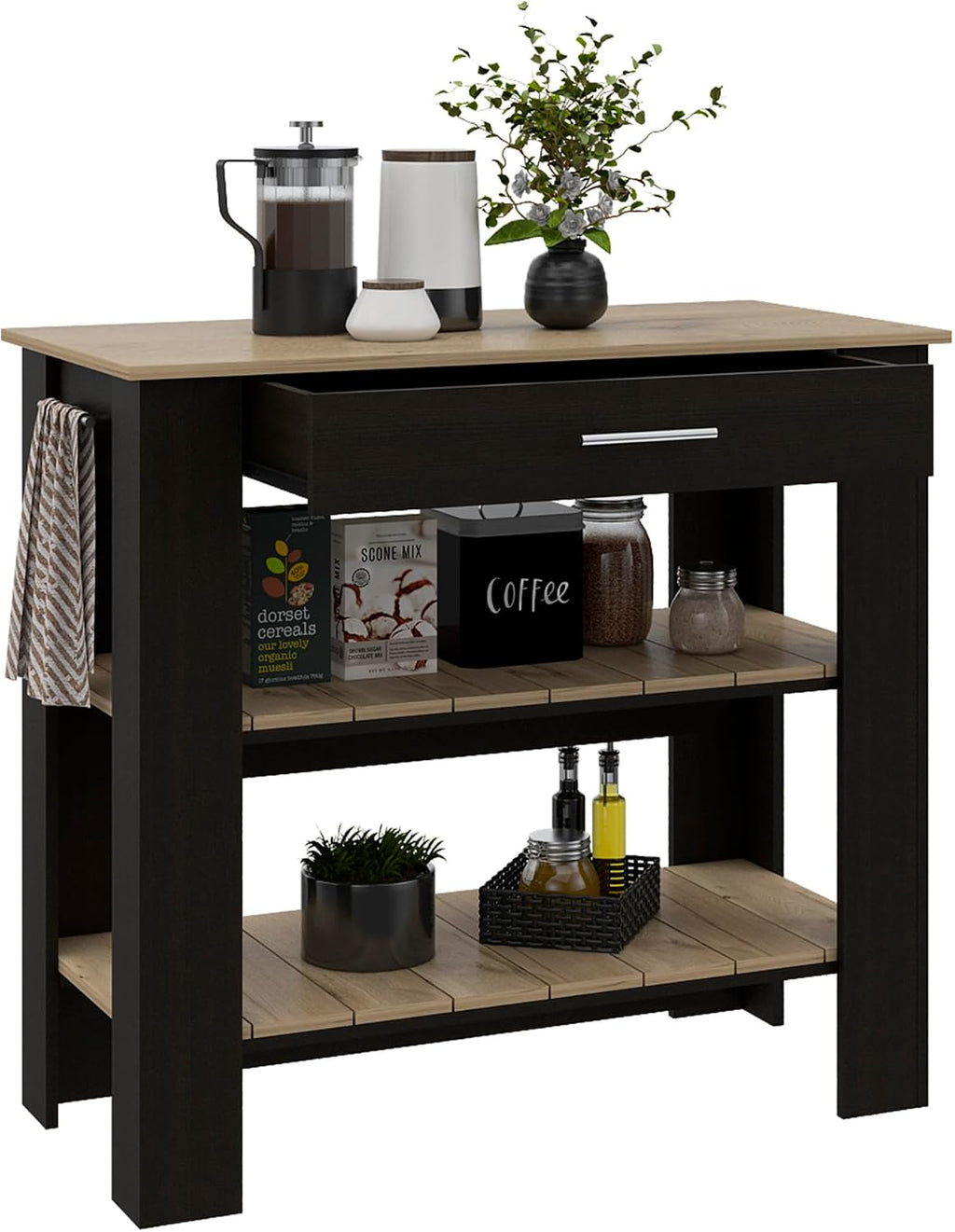 Kitchen Island with Two Shelves, One Drawer, Four Legs, Towel Hanger, Black | Combines two open shelves, one drawer, and towel hanger for storage
