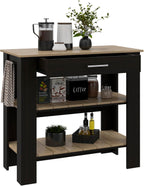 Kitchen Island with Two Shelves, One Drawer, Four Legs, Towel Hanger, Black | Combines two open shelves, one drawer, and towel hanger for storage