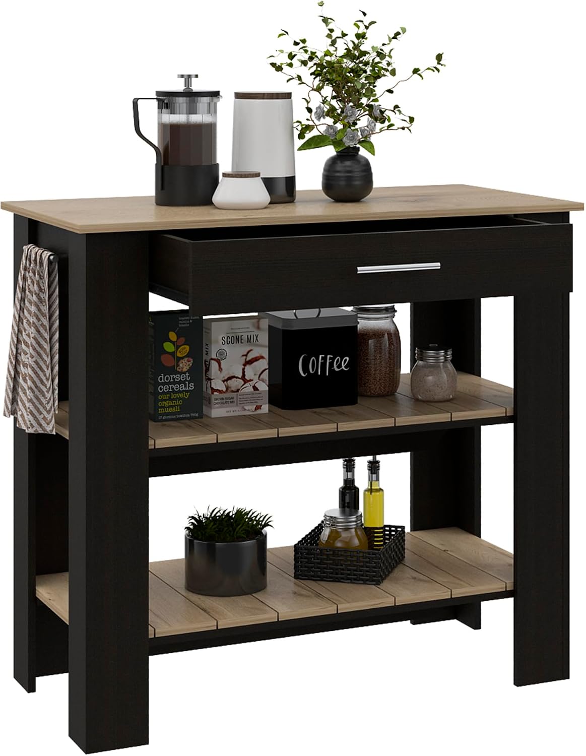 Kitchen Island with Two Shelves, One Drawer, Four Legs, Towel Hanger, Black | Combines two open shelves, one drawer, and towel hanger for storage
