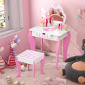 Costzon Kids Vanity, Girls Vanity Set with Mirror and Stool, Storage Drawer, Wooden Princess Makeup Dressing Table, Kids Vanity Table and Chair Set