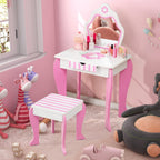Costzon Kids Vanity, Girls Vanity Set with Mirror and Stool, Storage Drawer, Wooden Princess Makeup Dressing Table, Kids Vanity Table and Chair Set