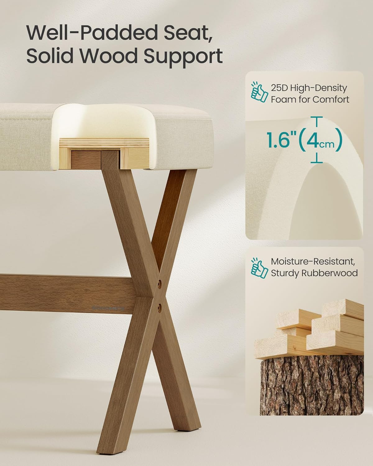 SONGMICS Makeup Stool, Padded Vanity Foot Rest, Solid Wood X Legs | 16.5 x 12.6 x 18.1 Inches, for Bedroom, Closet, Entryway, Summer Sand and Brown, MARY Collection ULSF006LF01