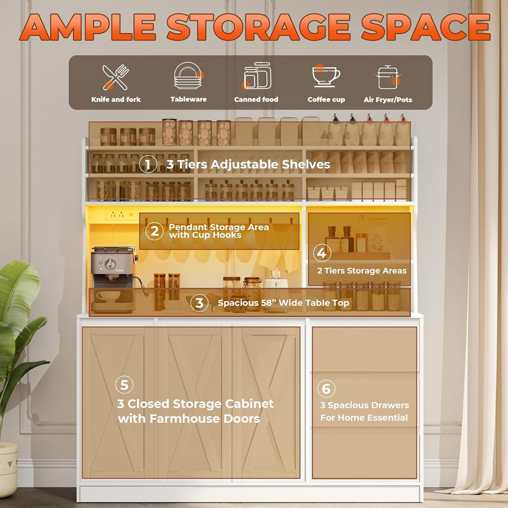 Gyfimoie Farmhouse Kitchen Pantry Cabinet with Power Outlet & LED Light, Large Coffee Bar Cupboard with Microwave Stand, 3 Doors & 3 Drawers, 7 Cup Holders & 8 Open Cubbies, Adjusted Shelves (White)