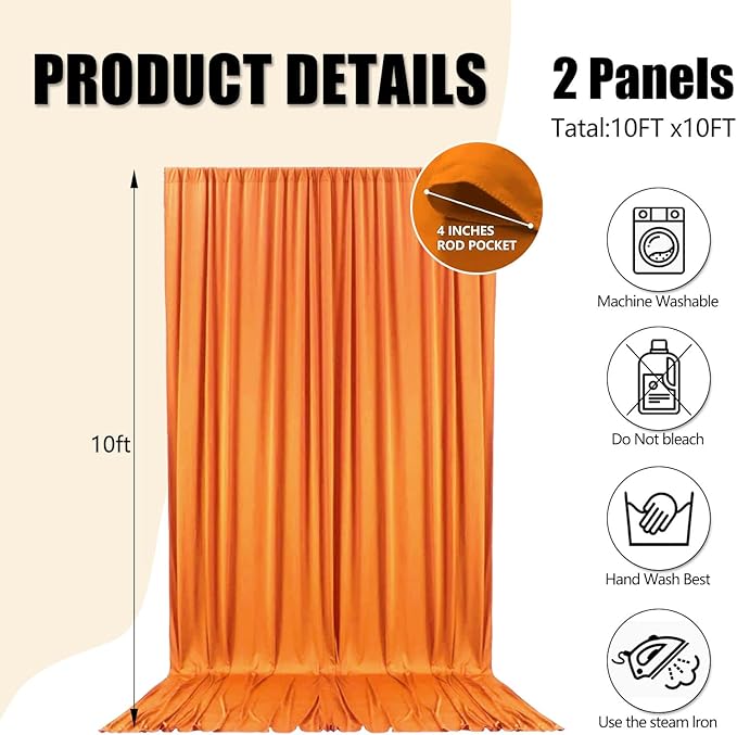10ft x 10ft Orange Yellow Backdrop Curtains for Parties, Fabric Satin Background Curtain with Rod Pockets for Weddings, Birthday, Baby Shower, Photography, Graduation Party Backdrop Drapes, 2 Panels