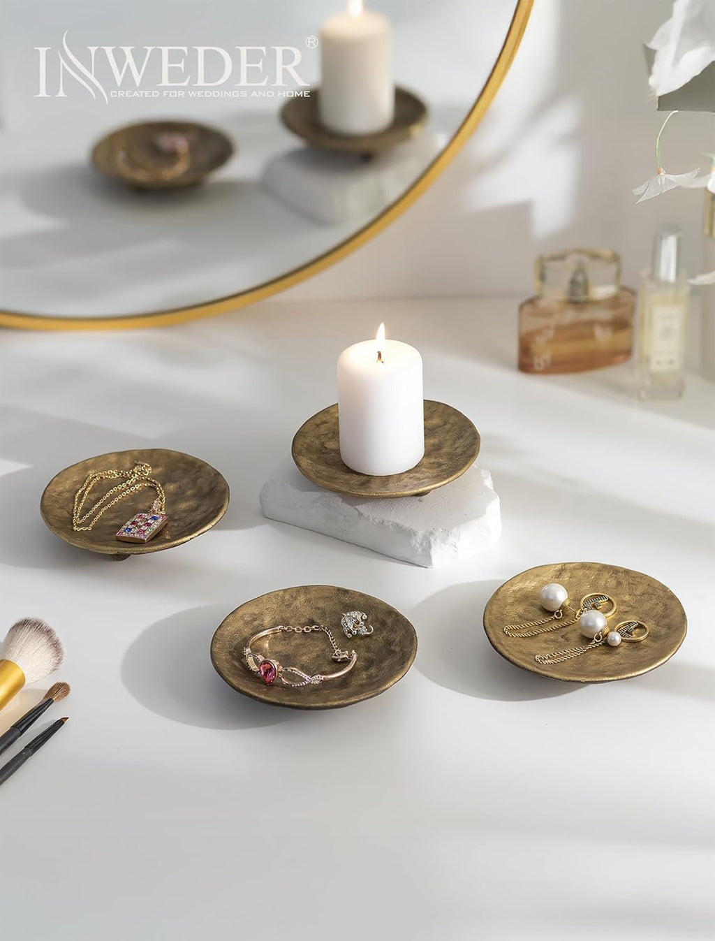 Cast Iron Candle Holder: 4.6 in Pillar Gold Candle Plate Brass Pedestal Stand Vintage Decorative Tray for 3 Wick Jar Candles Tealight Votive for Table Home Christmas Set of 2