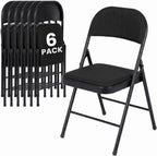 6 Pack Black Folding Chairs with Fabric Padded Cushion and Back | Comfortable Dining Chair Set with Metal Frame Indoor Outdoor Seat for Parties Home Office Events Wedding Extra Guest Seating