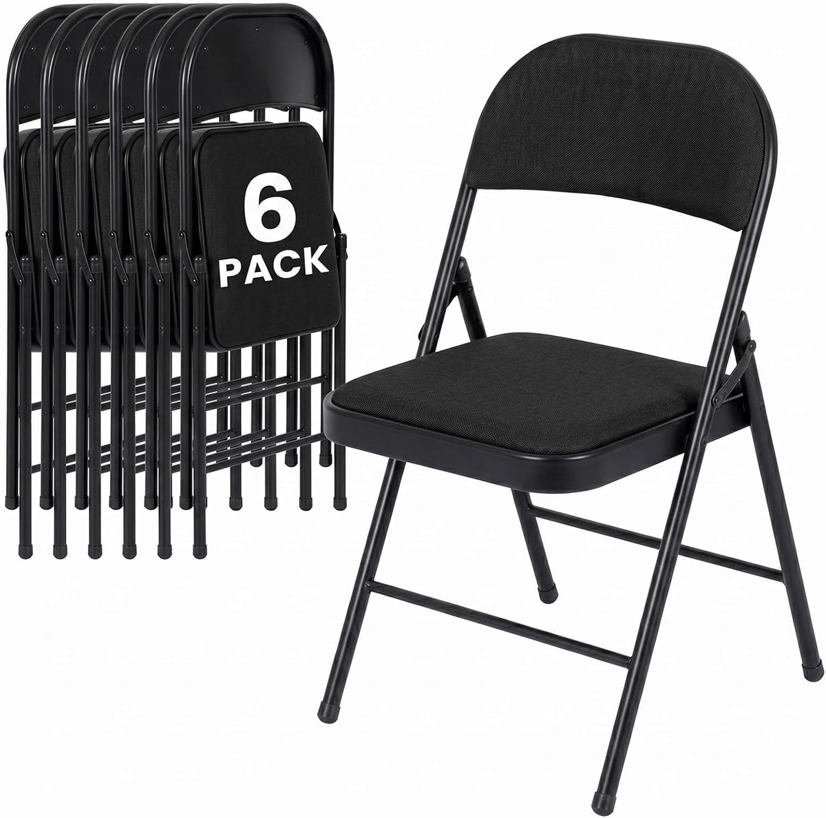 6 Pack Black Folding Chairs with Fabric Padded Cushion and Back | Comfortable Dining Chair Set with Metal Frame Indoor Outdoor Seat for Parties Home Office Events Wedding Extra Guest Seating