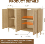 Patikuin Rattan Sideboard Buffet Cabinet, Boho Accent Storage Cabinet, 4 Doors Console Table Coffee Bar with Power Outlet, Adjustable Shelves for Kitchen, Dining Room, Hallway, Living Room (Wood)